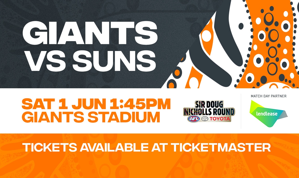 SLIDER-MATCHINFOROUND112019.jpg Plan your day at the footy as the GIANTS take on the Gold Coast Suns in the 2019 Sir Doug Nicholls Round. - GWS Giants,Indigenous,AFL,Gold Coast Suns,GIANTS Stadium